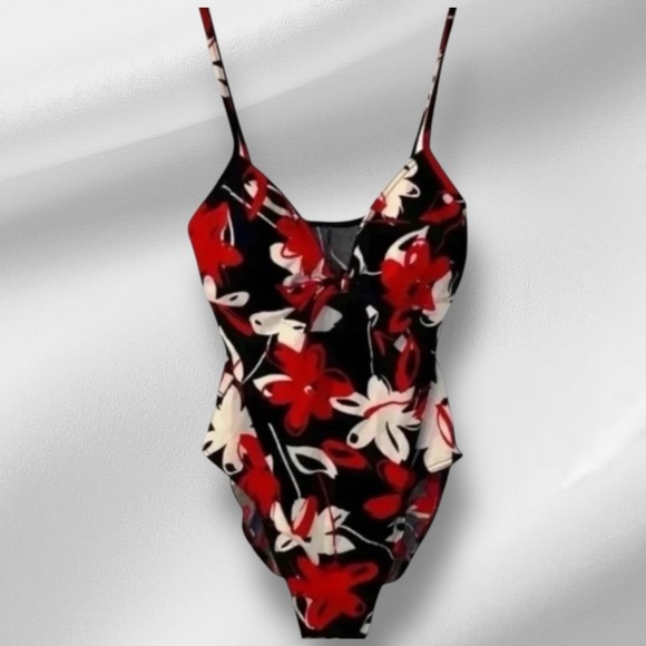 Body ID Ladies Retro 1 PC Swimsuit, BLK Background -RED/WHT Floral Pattern SZ 10 - Picture 1 of 6